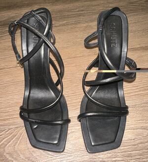 Schutz Black Leather High Heels Strappy Sandals Size 10
